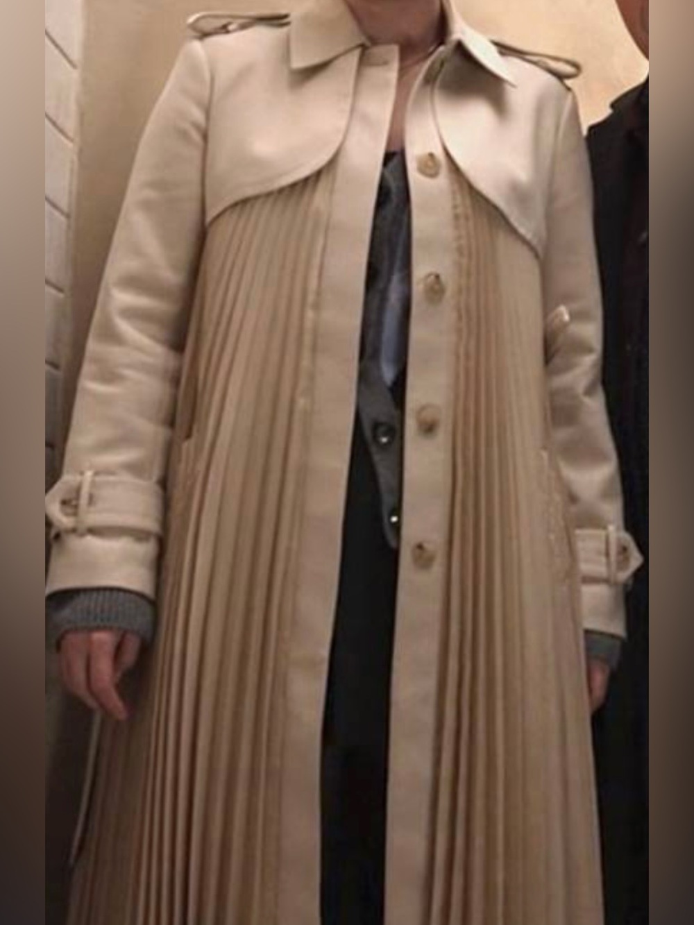 Women Cream Pleated Trench Coat with Storm Flap